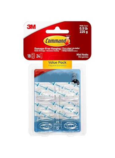 Command Mini Hooks/crochets Value Pack Holds up to 225 gm, Mini, Clear, 18 Hooks 24 Small Strips,17006CLRC-VP