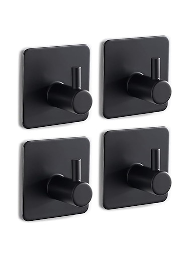 4 Pack Adhesive Wall Hooks Heavy Duty Stick Towel Holder Hook Stainless Steel Wall Hangers for Coats Keys Robes Home Bathroom Kitchen Classroom Office(Black)