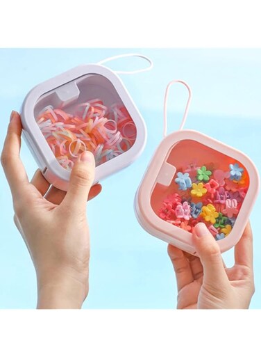 Heatunk 2-Pack Stackable and Wall-Hanging Hair Tie Organizer Boxes - Small Portable Storage for Hair Ties and Small Items - Pink &amp; White