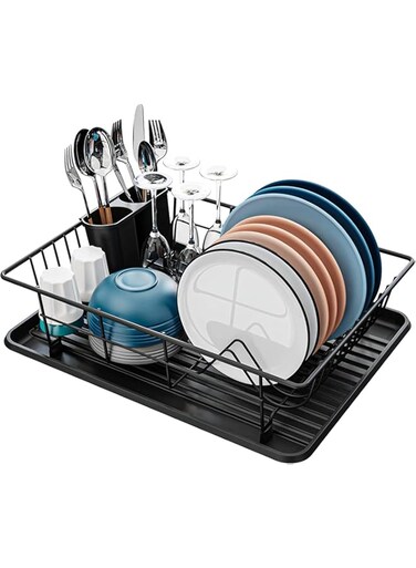 S2C Dish Drying Stand &amp; Drainer - Large Countertop Antibacterial Dish Rack (Black)