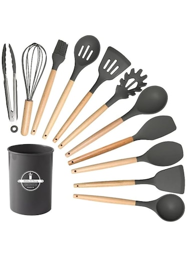 NetMart Silicone Kitchen Utensils Set 12-Piece Spoon Combination Set Cooking Utensils Set (Gray)