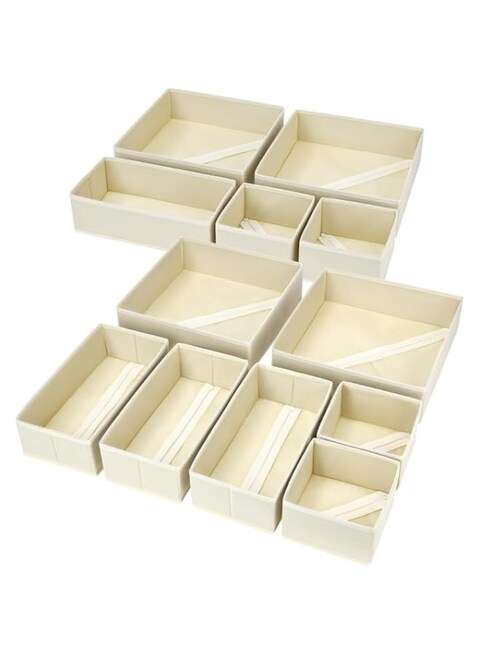 Freeway Elegance12-Piece Beige Cloth Storage Set - Stylish, Foldable Organizers for Clothes, Undergarments, Socks, and Baby Clothing - Space-Saving Fabric Bins for Smart Closet Organization