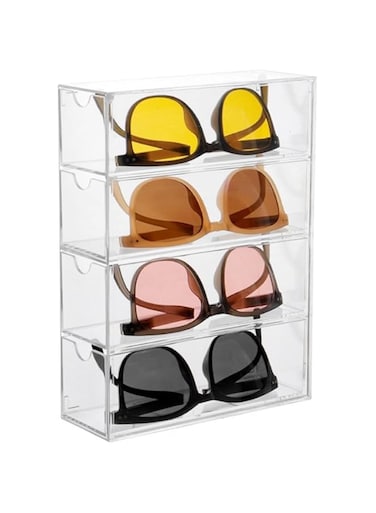 TERRIFI Acrylic Sunglasses Organizer, Stackable Eyewear Display Tray with 4 Lid Drawer Organizer Rectang Supplies for Bathroom, Dorm, Desk, Countertop, Office (Transparent)