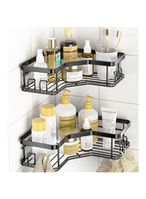 MAXIFFE Corner Shower Caddy, Adhesive Stainless Steel Shower Organizer Shower Caddy, Corner Shower Shelf with 8 Hooks, Shower Shelves Storage Shower Shelf for Inside Shower (Matte Black)