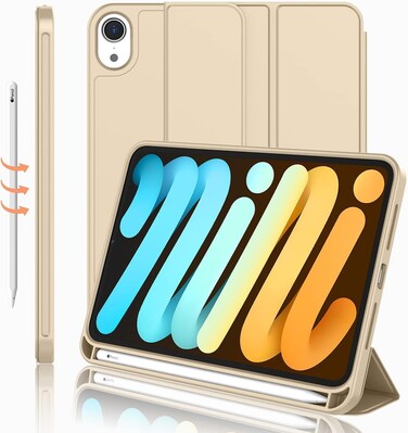 Case Compatible with Ipad Mini 7 Case 2024 A17 Pro, Smart Cover with Pencil Holder and Soft Baby Skin Silicone Back and Full Body Protection, Auto Wake/Sleep Cover For Ipad Mini 7th 6th Gen (Gold)