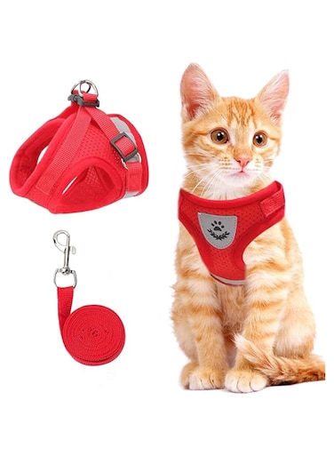 ELECDON Pets Vest Harness, Cat Vest Harness and Small Dog Vest Harness for Walking, Mesh Harness, Cat Vest Harness with Reflective Strap, Step in Adjustable Harness for Small Cats (Red, 36CM)