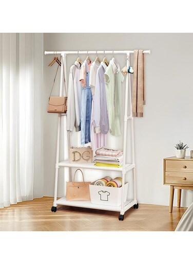 Clothes Rack Clothing Rack with Wheels and 2-Tier Storage Shelf Portable Garment Rack Wardrobe Organizer for Bedroom Living Room White