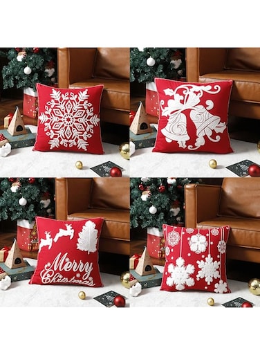 Christmas Pillow Covers 45x45, Pure Cotton Christmas Style Pillowcase, Soft Red Zippered Sofa Pillow Protective Case, Dustproof Pillow Protector for Christmas Day Home Decoration (A/B/C/D)