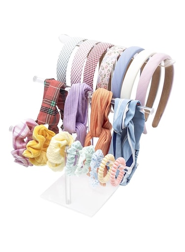 SYOSI Acrylic Headband Holder Organizer Storage, 3-Tier Clear Holder Stand Hair Accessories Organizer Hair Tie Display Stand, Transparent Hair Hoop Hair Ring Necklace Bracelet T Type Display Rack