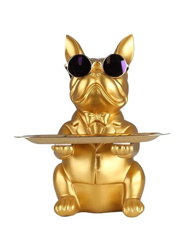NALACAL Modern Decor Resin Bulldog Tray Statue Tray Storage Key Holder Candy Jewelry Earrings Tray Suitable for Home Decor Modern Art Dining Table Decor Office Small Object Tray (Golden Yellow)