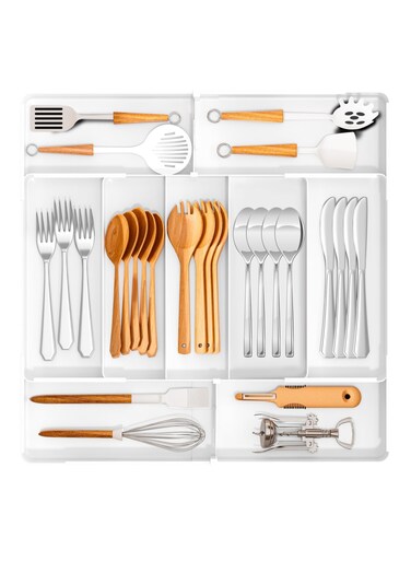 Expandable Large Silverware Drawer Organizer, Adjustable Cutlery Tray with Removable Dividers, 10.6-20 Inch Kitchen Utensil Holder for Forks Spoons, Multipurpose Storage Solution for Home (White)