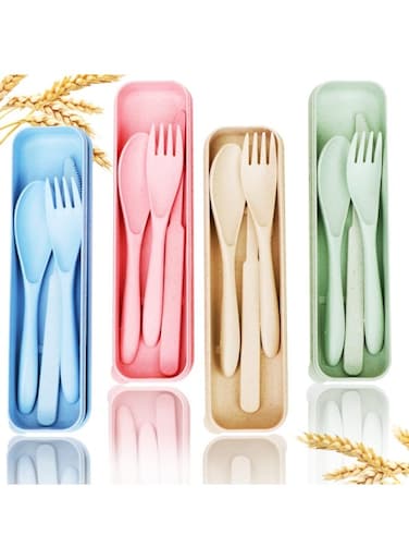 Travel Utensils Set with Case, 4 Sets Wheat Straw Portable Knife Fork Spoons Tableware, Eco-Friendly BPA Free Cutlery for Kids Adults Picnic Camping Utensils(Green, Beige, Pink, Blue)