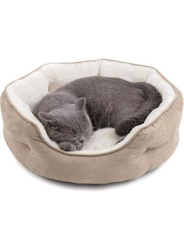 FC22 Dog Beds for Small Dogs - Round Cat Beds for Indoor Cats, Washable Pet Bed for Puppy and Kitten with Slip-Resistant Bottom,Camel (S)