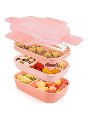 Khazna Bento Box Adult Lunch Box, 72oz Stackable Bento Lunch Box for Adults, 3 Layers Bento Lunch Containers Leak-Proof Lunchbox with Utensil Sauce Dressing Containers for Dining Out, Work (Pink)