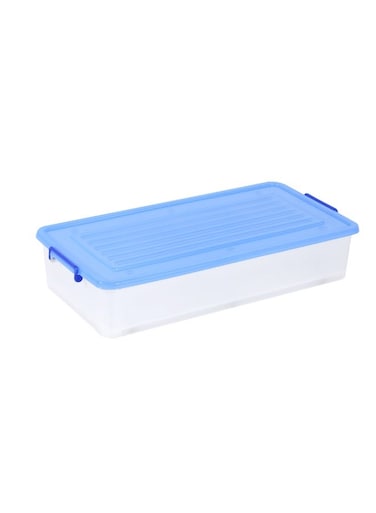 42L Plastic Underbed Storage Box with Secure Lid White &amp; Blue Durable Slim Organizer for Clothes, Shoes, Toys &amp; Household Items