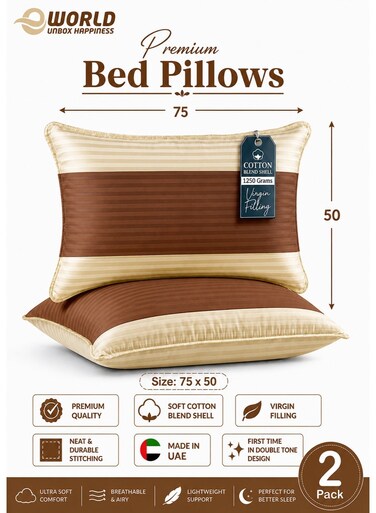 Pack of 2 Down Alternative Bed Pillows, 1250g Fill, Cotton Blend Cover, Hotel Quality, 50x75cm, Cream-Brown