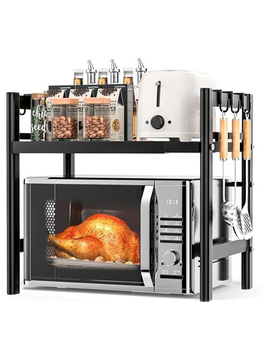 Microwave Stand, Microwave Oven Rack With 6 Hooks, Expandable Horizontal Extension Microwave Shelf, Kitchen Counter Organizer for Toaster Oven Rice Cooker