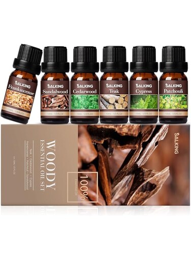 SALKING Woodsy Essential Oils Set for Men, 100% Pure Premium Aromatherapy Fragrance Oils for Diffuser, Humidifier - Frankincense, Teakwood, Sandalwood, Cypress, Cedarwood, Patchouli (6 x 10 ML)