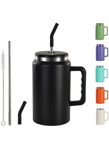 SYOSI 50 oz Insulated Coffee Tumbler with Handle - Stainless Steel Vacuum Insulated Travel Mug - Reusable Water Bottle with Metal Straws - Spill Proof and Leak Proof Large Cup