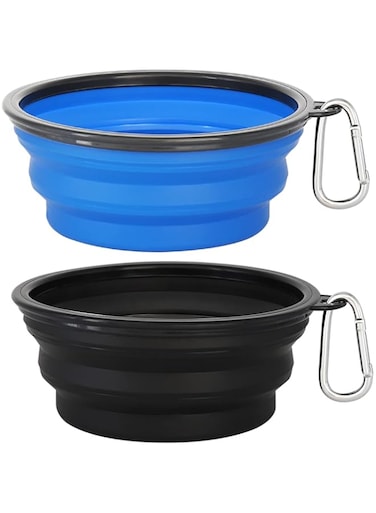 Kytely Large Collapsible Dog Bowls 2 Pack, 34oz Foldable Dog Travel Bowl, Portable Dog Water Food Bowl with Clasp, Pet Cat Feeding Cup Dish for Traveling, Walking, Parking (Black+Blue)