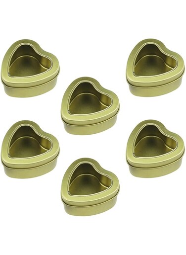 Khazna 6 Pack Tin Cans, Heart Shaped Empty Golden Metal, with Clear Window Lids, Love Candy Tin Box, Cookie Jars, for Candle Making, Candies, Gifts &amp; Treasures, Gold