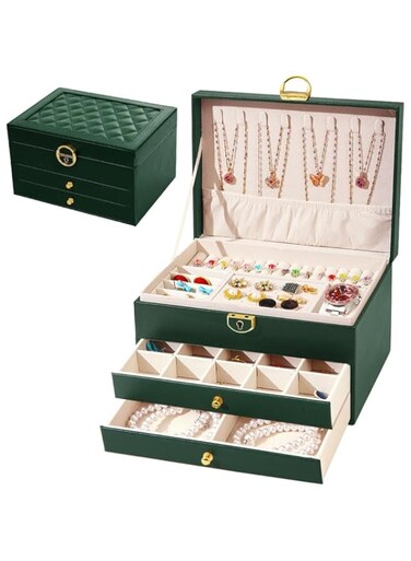 YAMDA Jewellery Box,3-Layer Jewellery Organizer for Women Girls, Multi-functional Jewellery Storage Case with Lock for Earrings Bracelets Rings Watches (Green)