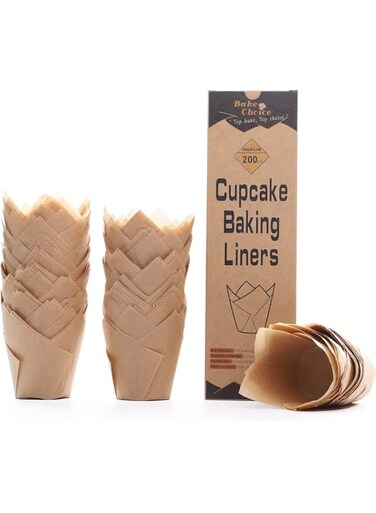 Bake Choice [Nordic Paper] 200pcs Natural Tulip Cupcake Liners for Baking Cups Unbleached EU Parchment paper Tulip Muffin Liners, Cupcake Wrapper for Party, Christmas