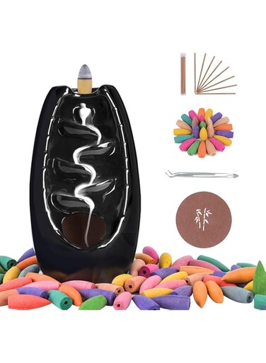 McMola Backflow Incense Burner with 20 Cones, 30 Sticks, Tongs, and Table Mat, Natural Aromatherapy with Ceramic Smoke Waterfall, Supports Meditation and Relaxation, Home Decor (Black)