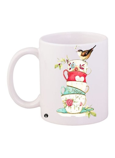 Bird With Cup Printed Coffee Mug White/Green/Red