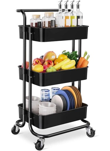3-Tier Rolling Shelves Metal Cart Organizer Black 85x45x35cm