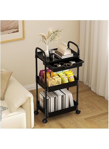 DESALOV 3 Tier Rolling Cart Organizer, Plastic Rolling Cart with Lockable Wheels &amp; Reinforced Handle, Lightweight Utility Cart Storage Cart for Kitchen, Bathroom, Craft Room, Black
