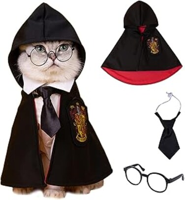 NALACAL Pet Costume Harry Potter Witchcraft Style, Dog Cat Halloween Costumes Cape Cosplay Costume Set, Wizard Pet Clothes Cute Apparel with Glasses (Large)