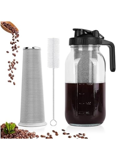 Cold Brew Coffee Maker, 64 oz Wide Mouth Mason Jar Pitcher with Stainless Steel Filter, Pour Spout Handle Lid, Heavy Duty Glass Airtight &amp; Leak-Proof Pitcher for iced coffee &amp; Tea Lemonade