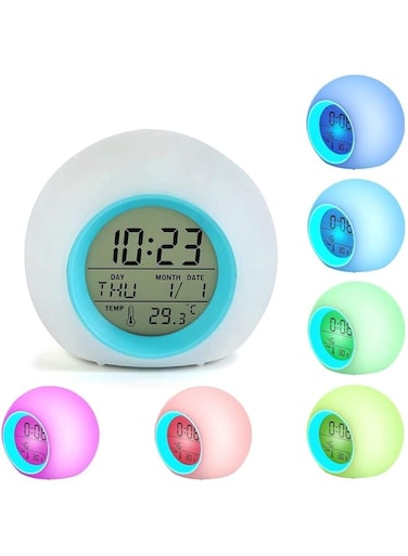 SWIUKPHE Kids LED Alarm Clock,7 Color Changing Night Light, Colorful Spherical Night Lamp with 6 Optional Alarm Nature Sounds for Kids Girls Boys Gifts, for Children Bedroom School, Blue