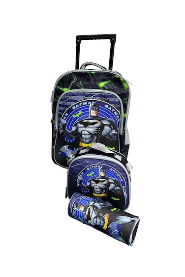 3 Pieces Cartoon-Printed School Trolley Bag for Kids  18 Inch with Lunch Bag and Pencil Pouch Included (Black Blue Design, 18 Inch)