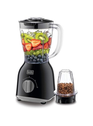Black &amp; Decker Blender with Grinder Mill, 400W, 2 x 1.0L Blender Jars,2-Speed + Pulse Control, Detachable Blades, Twist-to-Lock System, Anti-Slip Feet, For Coffee,Herbs &amp; Smoothies, Black - BX365PR-B5