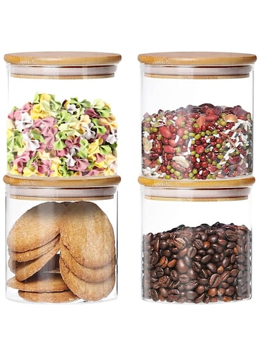 Glass Storage Jar with Bamboo Lids,Glass Airtight Canisters sets,Spice Jar, Pantry Organization and Storage Containers Ideal for Sugar, Coffee, Cookie, Candy,Cereals (700ml/24.6 oz, Set of 4)