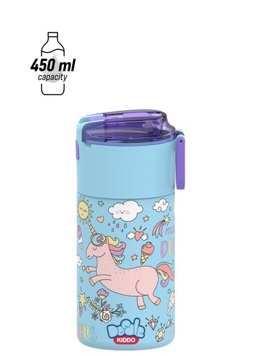 Kiddo Unicorn Stainless Steel Insulated Water Bottle 450ml - Leak-Proof, Drop-Resistant, Push Button, Carry Handle - Ideal for Back to School