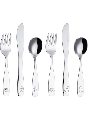Exzact Children's Cutlery Stainless Steel 6pcs Set/Kids Cutlery/Toddler Utensils/Flatware - 2 x Forks, 2 x Safe Dinner Knives, 2 x Dinner Spoons - Engraved (Dinosaurs)