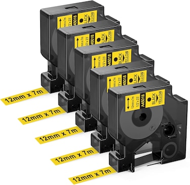 D1 45018 Compatible Dymo D1 12MM X 7M Label Tape Yellow 45018 A45018, Refills for Dymo D1 Label Tape 12mm Black on Yellow for Dymo D1 Label Maker 160 210D 260P 280 360D 420P PnP, 5-Pack