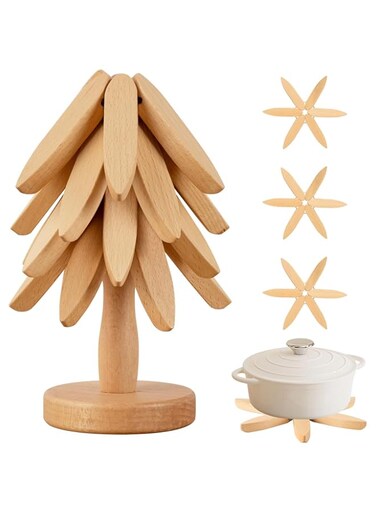 Wooden Trivets for Hot Dishes, Tree Shape Trivet Set, Trivets for Hot Dishes, Foldable Kitchen Wooden Trivets, 4 Rustic Wooden Trivets &amp; 1 Stand for Hot Dishes Tree Storage Design (Beech Wood)