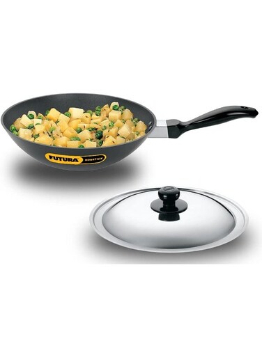 Futura 2 Liter Non Stick Deep Kadhai Flat Bottom Frying Pan With Handle and Steel Lid(NDL20S), Grey