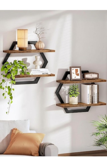 15 Inch Floating Shelves Set of 2, 2 Tier Wall Mounted Storage Shelves, Hexagon Bathroom Shelves for Kitchen, Bedroom and Living Room, Rustic Wood and Black