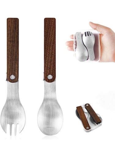2Pcs Foldable Cutlery Set, Portable Folding Spoon and Fork with Wooden Handle, Travel Foldable Spoon, Portable Fork for Camping, Hiking, Picnics, and Outdoor Dining (Natural Wood)