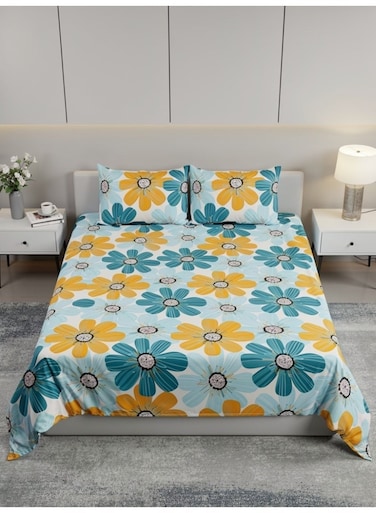 King size Cotton Blend Flat Bedsheet Set 144 Thread Count Garden Floral Design 220x240 cm