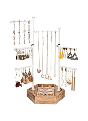 Emfogo Jewelry Organizer Stand - 6 Tier Jewelry Holder with Adjustable Height Necklace Holder Organizer Display &amp; Storage for Earrings Ring Bracelet (White Pole)