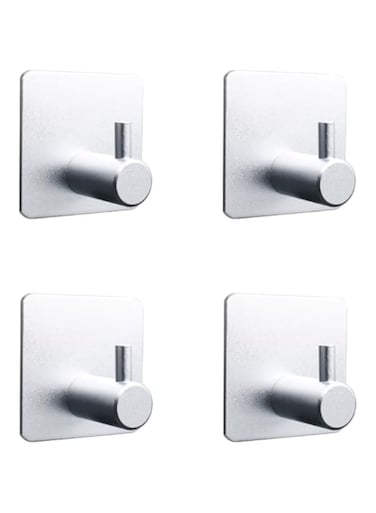 [YNOBUN] Square Bathroom Hooks Aluminium Waterproof Self-Adhesive Heavy Duty Towel Hooks Wall Mounted Hooks for Hanging Towels, Coats, Keys and Home Kitchen Utensils, Set of 4 (Silver)
