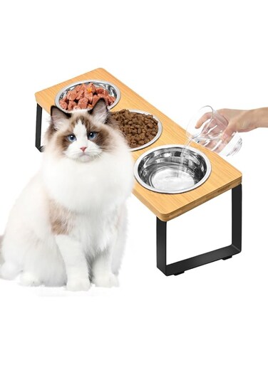 Exrp Elevated Cat Bowls with 3 Stainless Steel Bowls   15&deg; Tilted Anti-Vomiting Raised Cat Food Bowls for Small Cats and Puppies Pet Bowls with Stand