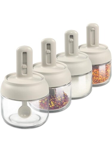 LELE LIFE 4 Pack Glass Seasoning Jars with Retractable Spoon and Lid, Air-Tight Seasoning Containers Spice Jars, 9oz Sugar Container Salt Cellar Box, Condiment Containers with Lids