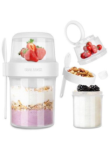 Oasisgalore Cereal Cup To Go, Yoghurt Container, Fruit Container, Salad Cup with Spoon, 310 + 560 ml, Double Layer Yoghurt Cup to Go, Breakfast On the Go Cups for Work, School, Picnic